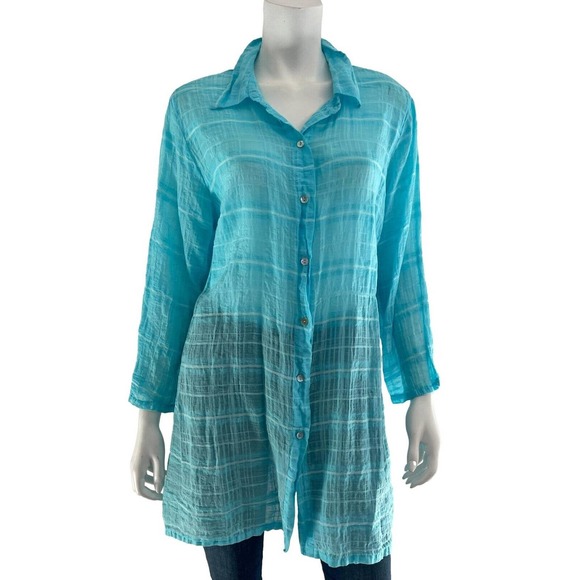 Cut Loose L Button Down Hanky Shirt Gauze Turquoise Long Sleeve Blouse Tunic - Picture 1 of 7